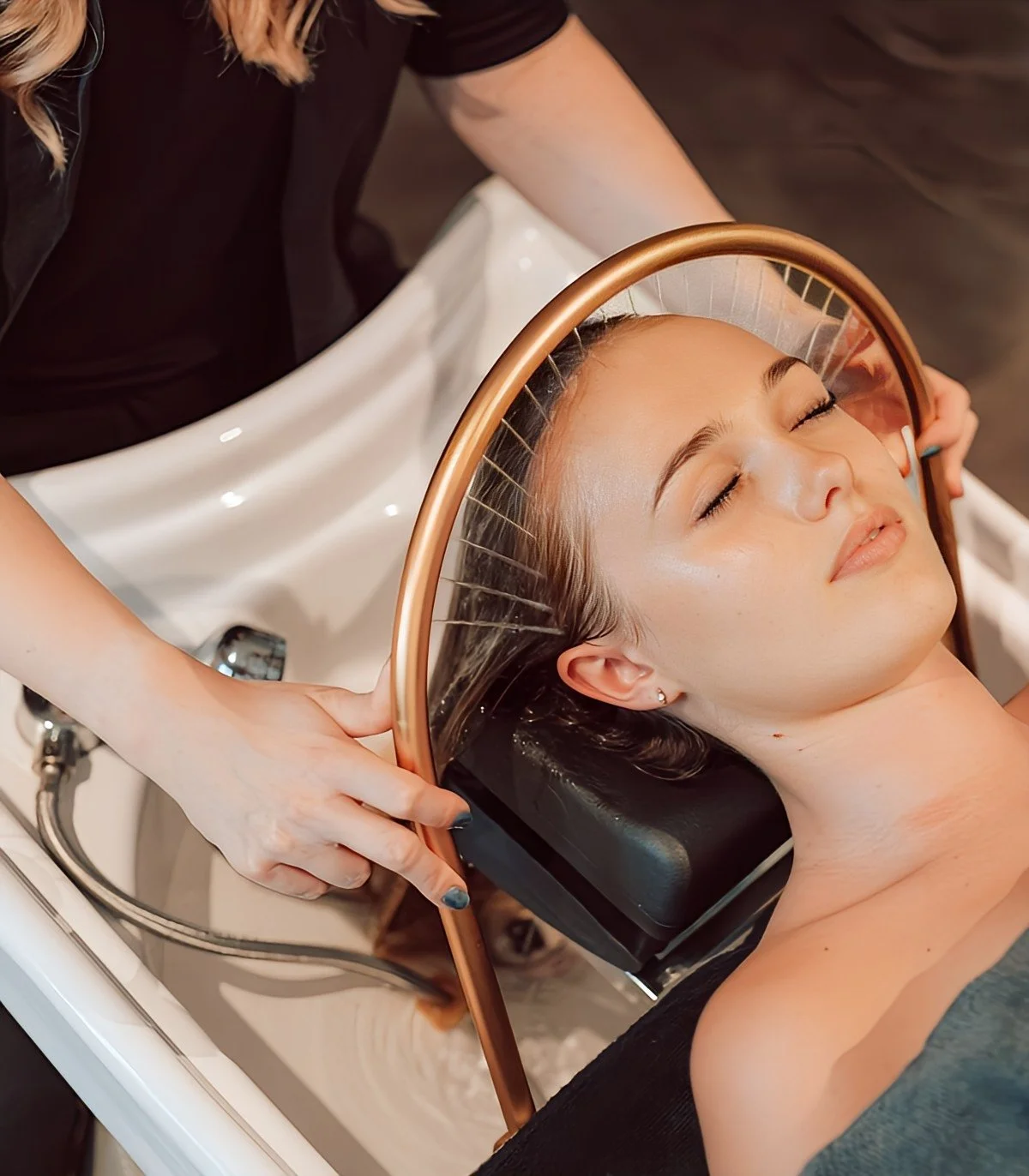 Su çemberi ile yapılan Head Therapy uygulamasında saç derisi bakımından geçen kadın.